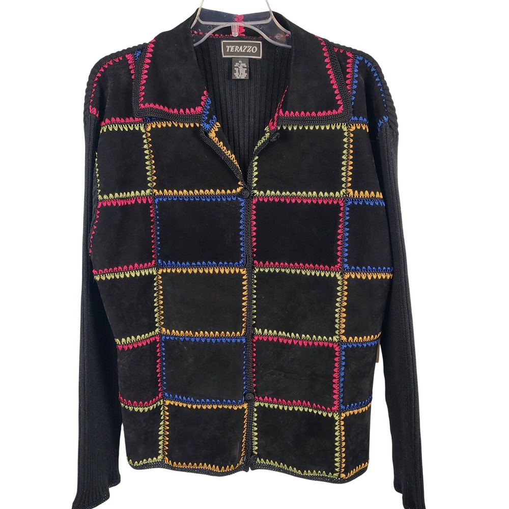 NWT Terazzo Womens XL Patchwork Suede Knit Cardigan Black Multicolor Boho Artsy